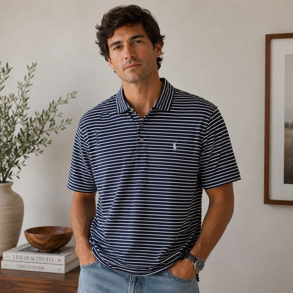 Polo Ralph Lauren Mens Large Classic Fit Navy White Striped Short Sleeve Shirt